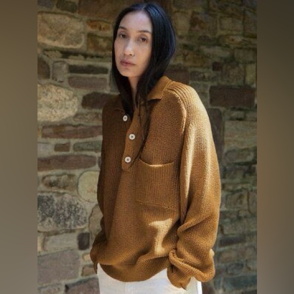 Shaina Mote Saatchi Sweater Henley Collared Curry Brown Cotton Size Small